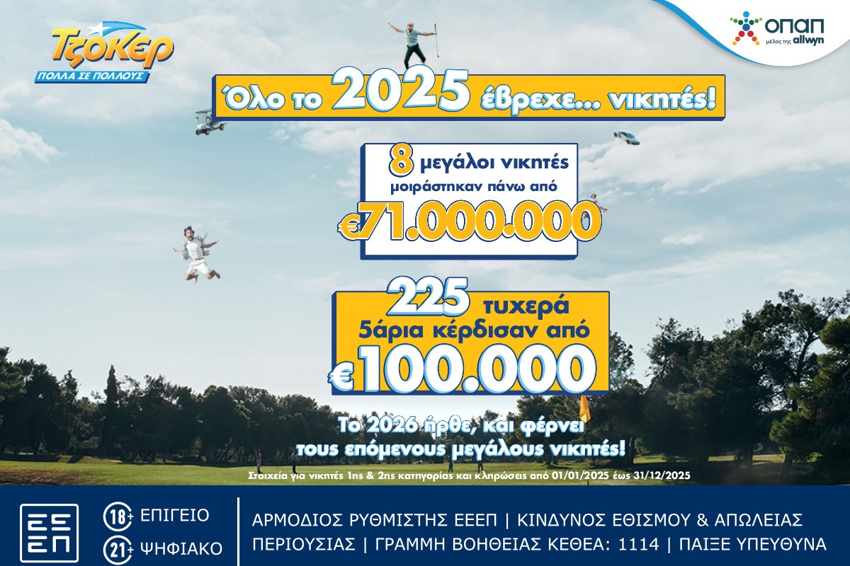 Το ΤΖΟΚΕΡ μοίρασε μέσα στο 2025 κέρδη άνω των 71 εκατ. ευρώ στους νικητές της πρώτης κατηγορίας - 225 τυχερά 5άρια κέρδισαν από 100.000 ευρώ