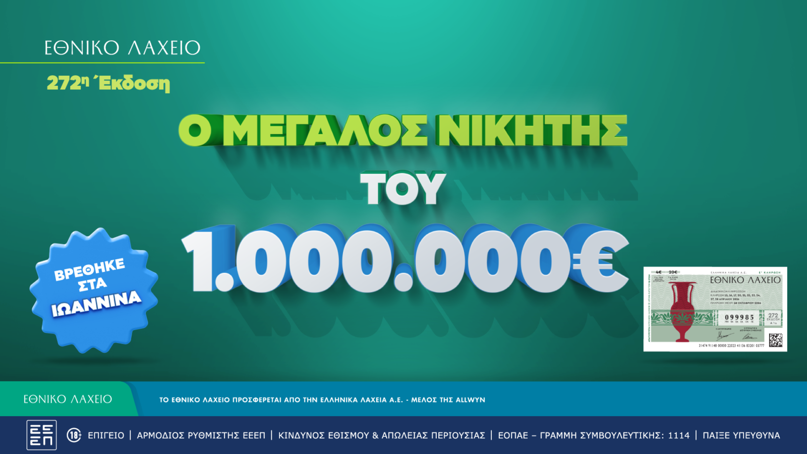 Εθνικό Λαχείο: Στις 20 Μαΐου ξεκινούν οι κληρώσεις της νέας έκδοσης – Στα Ιωάννινα ο νικητής του 1 εκατ. ευρώ που κέρδισε τον Μεγάλο Λαχνό της 272ης έκδοσης Εθνικό Λαχείο: Στις 20 Μαΐου ξεκινούν οι κληρώσεις της νέας έκδοσης – Στα Ιωάννινα ο νικητής του 1 εκατ. ευρώ που κέρδισε τον Μεγάλο Λαχνό της 272ης έκδοσης